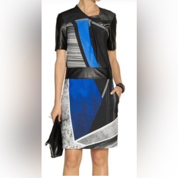 Helmut Lang Dresses & Skirts - Helmut Lang Fracture Print Dress with Leather Sleeves and Waist Lamb Skin